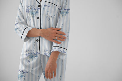 Bridgerton Inspired Something Blue Satin Bridal Pajamas – Vintage Floral Stripe Bride Getting Ready Sleepwear Set – Wedding Morning Outfit