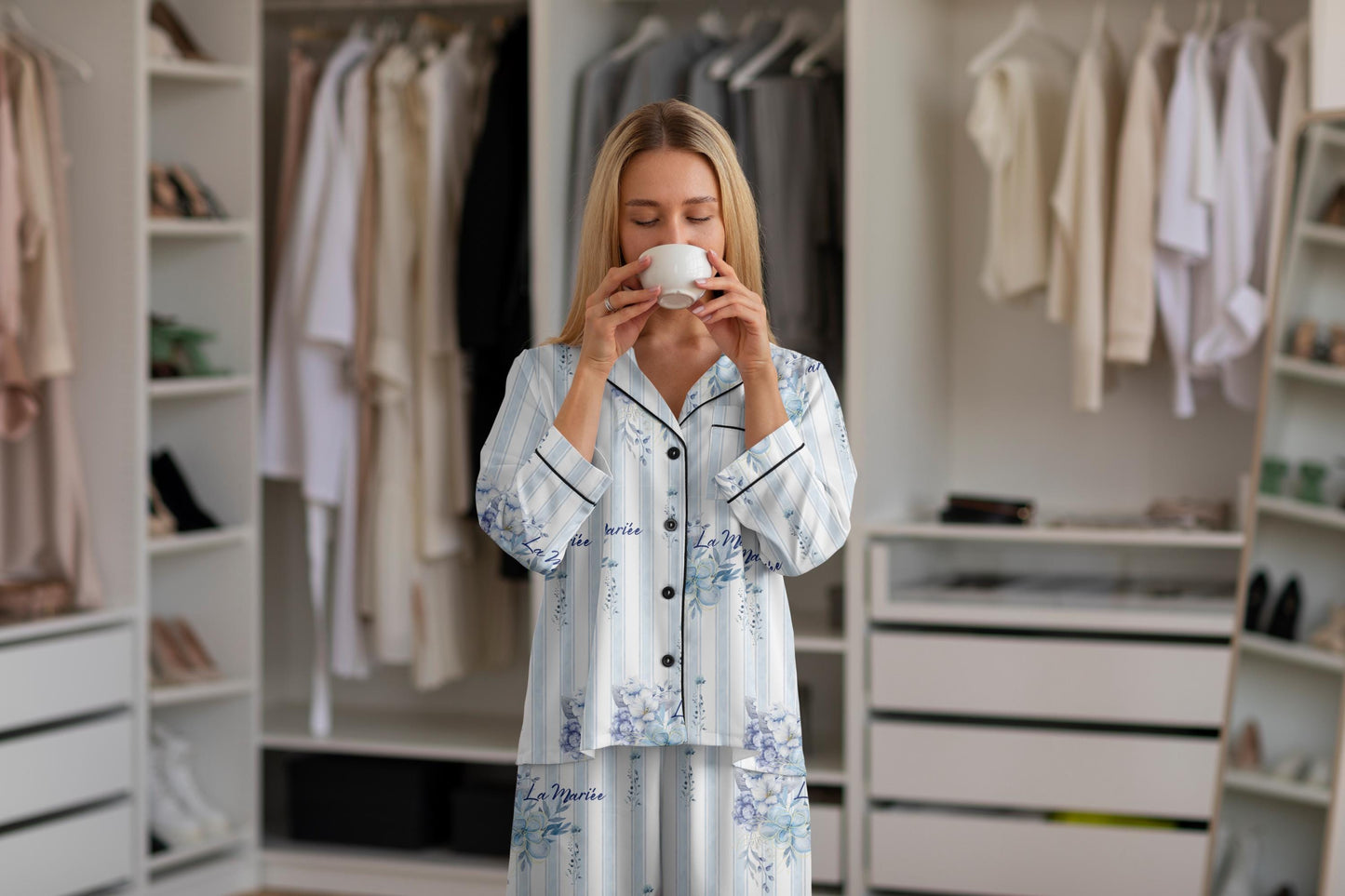 Bridgerton Inspired Something Blue Satin Bridal Pajamas – Vintage Floral Stripe Bride Getting Ready Sleepwear Set – Wedding Morning Outfit