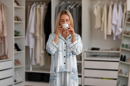 Bridgerton Inspired Something Blue Satin Bridal Pajamas – Vintage Floral Stripe Bride Getting Ready Sleepwear Set – Wedding Morning Outfit