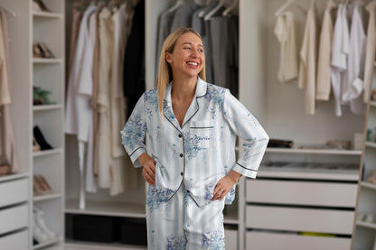 Bridgerton Inspired Something Blue Satin Bridal Pajamas – Vintage Floral Stripe Bride Getting Ready Sleepwear Set – Wedding Morning Outfit