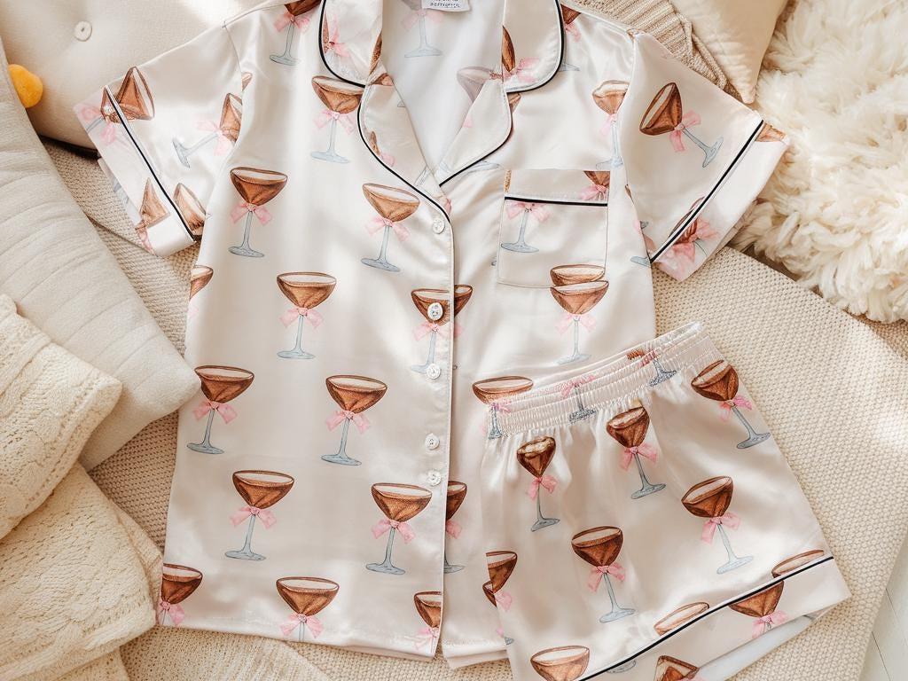 Espresso Martini Pink Bow Coquette Satin Pajamas Set, Bridesmaid Pajamas, Bachelorette Pajamas, Girly Matching Pajamas, Pink Bow Bride Pjs