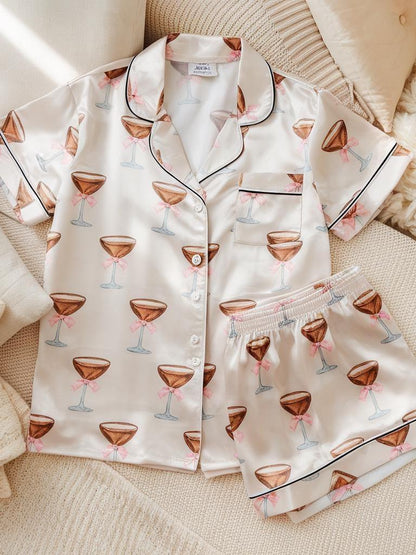 Espresso Martini Pink Bow Coquette Satin Pajamas Set, Bridesmaid Pajamas, Bachelorette Pajamas, Girly Matching Pajamas, Pink Bow Bride Pjs