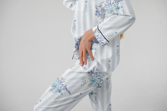 Bridgerton Inspired Something Blue Satin Bridal Pajamas – Vintage Floral Stripe Bride Getting Ready Sleepwear Set – Wedding Morning Outfit