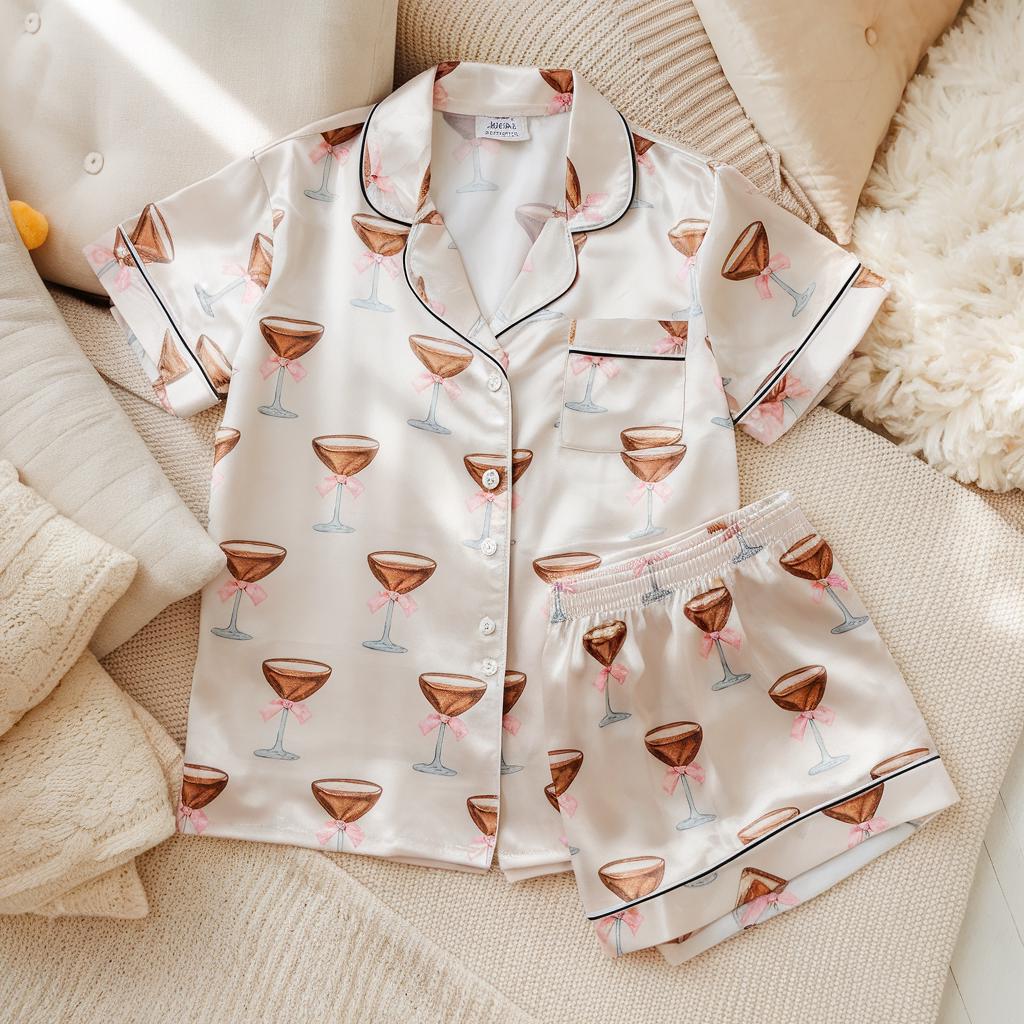 Espresso Martini Pink Bow Coquette Satin Pajamas Set, Bridesmaid Pajamas, Bachelorette Pajamas, Girly Matching Pajamas, Pink Bow Bride Pjs