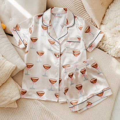 Espresso Martini Pink Bow Coquette Satin Pajamas Set, Bridesmaid Pajamas, Bachelorette Pajamas, Girly Matching Pajamas, Pink Bow Bride Pjs