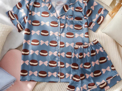 Chocolate Pink Bow Coquette Satin Pajamas Set, Bridesmaid Pajamas, Bachelorette Pajamas Set, Girly Matching Pajamas, Pink Bow Bride Pajamas