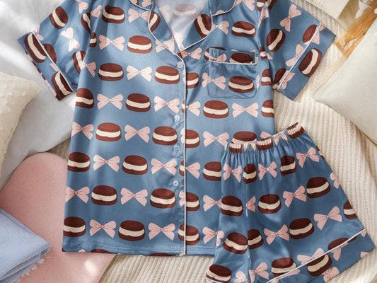 Chocolate Pink Bow Coquette Satin Pajamas Set, Bridesmaid Pajamas, Bachelorette Pajamas Set, Girly Matching Pajamas, Pink Bow Bride Pajamas