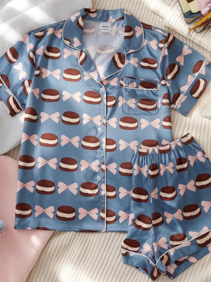 Chocolate Pink Bow Coquette Satin Pajamas Set, Bridesmaid Pajamas, Bachelorette Pajamas Set, Girly Matching Pajamas, Pink Bow Bride Pajamas