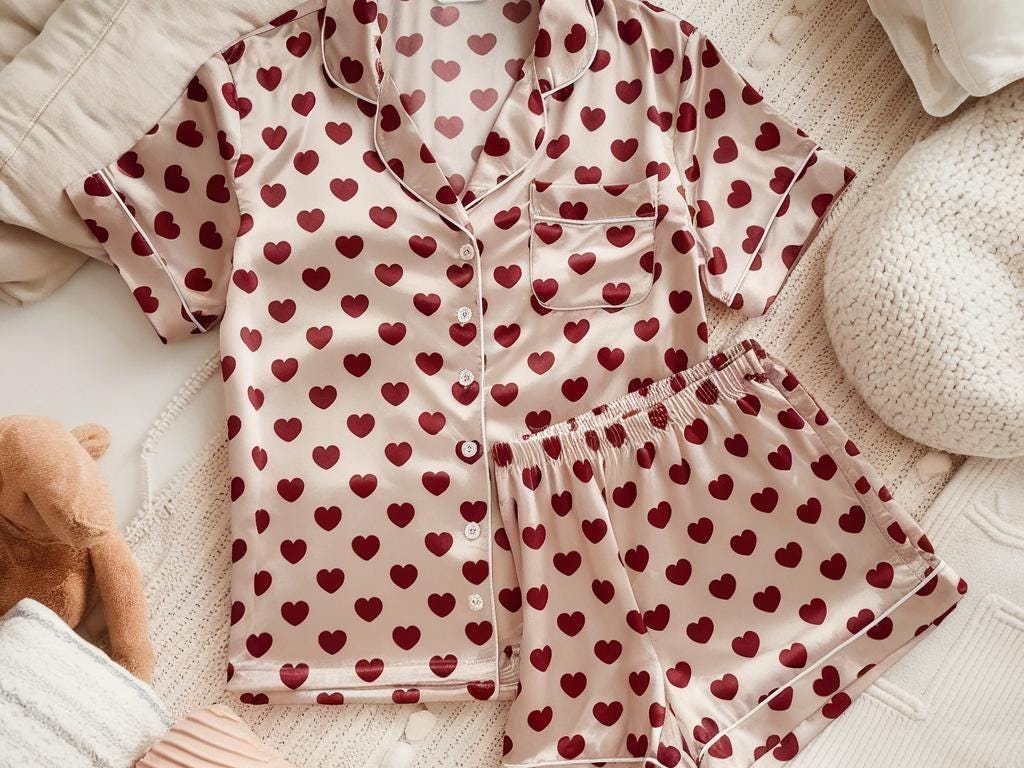 Heart Coquette Satin Pajamas Set, Bridesmaid Pajamas, Bachelorette Pajamas, Girly Matching Pajamas, Bride Pajamas, Bridal Bachelorette pjs