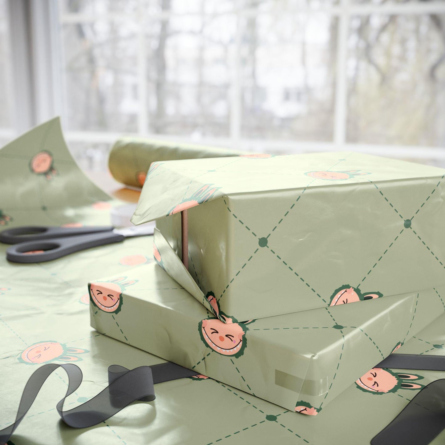 Cute Kawaii Monster Christmas Wrapping Paper Holiday Gift Wrap for Kids Teens Fun Cartoon Creature Custom Xmas Gift Wrap Festive Supplies
