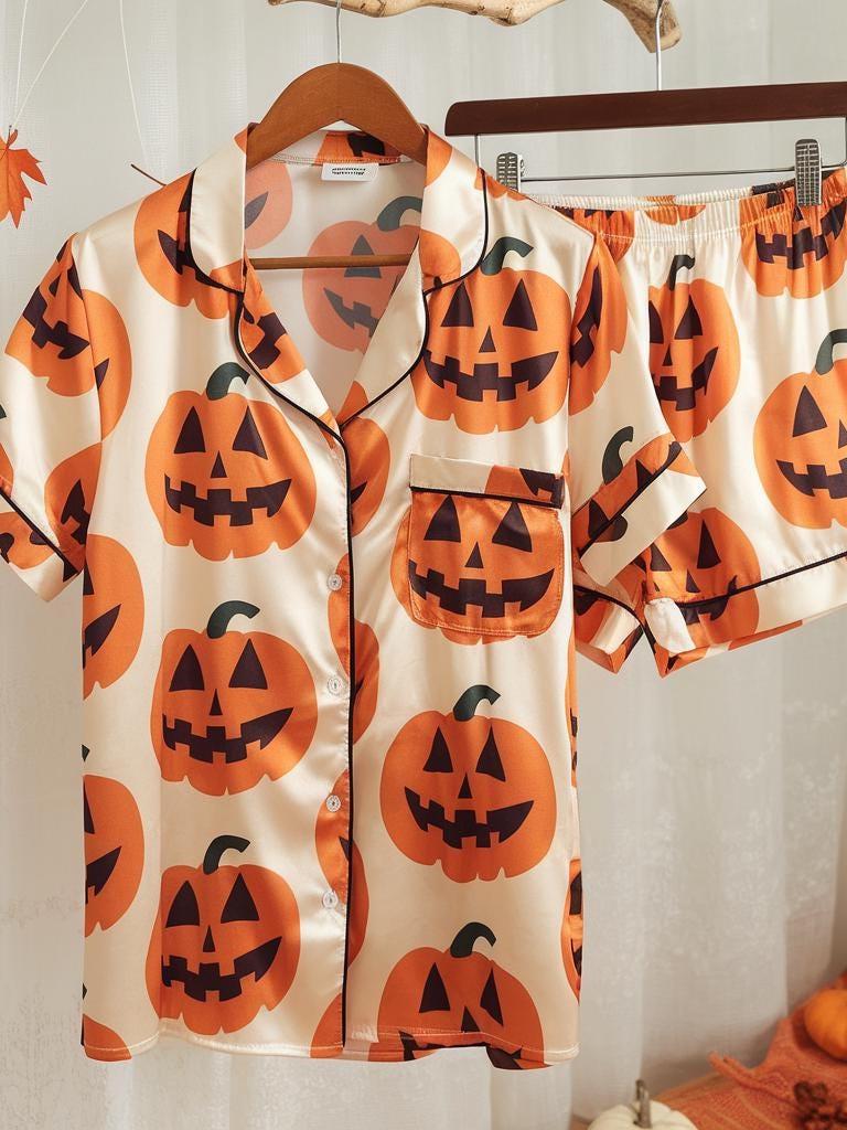 Pumpkins Halloween Satin Pajamas Set, Pumpkin Pajamas, Pumpkin Pjs, Halloween Pajamas, Spooky Season Gift, Matching Family Halloween Pajamas