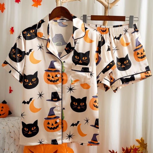 Cute Ghost Pumpkin Bat Spider Web Satin Pajamas Set, Ghost Pajamas, Ghost Pumpkin Pjs, Black Cat Pajamas, Halloween Pajamas, Spooky Season