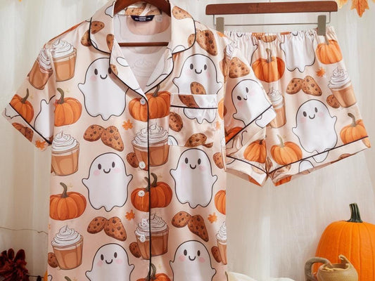 Cute Ghost Pumpkin Satin Pajamas Set, Ghost Pajamas, Coffee Cozy Fall Aesthetic Pajamas, Autumn Pajamas, Halloween Pajamas, Spooky Season