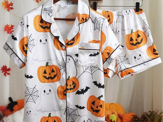Cute Ghost Pumpkin Bat Spider Web Satin Pajamas Set, Ghost Pajamas, Ghost Pumpkin Pajamas, Pumpkin Pajamas, Halloween Pajamas, Spooky Season
