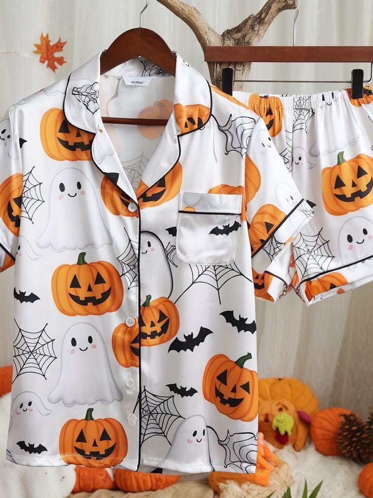 Cute Ghost Pumpkin Bat Spider Web Satin Pajamas Set, Ghost Pajamas, Ghost Pumpkin Pajamas, Pumpkin Pajamas, Halloween Pajamas, Spooky Season