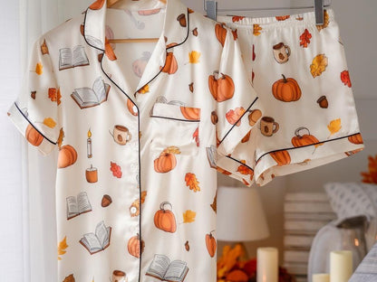 Cozy Fall Aesthetic Satin Pajamas Set, Autumn Pajamas, Fall Pajamas, Pumpkin Pajamas, Family Halloween Pyjamas, Halloween Pjs, Cozy Season