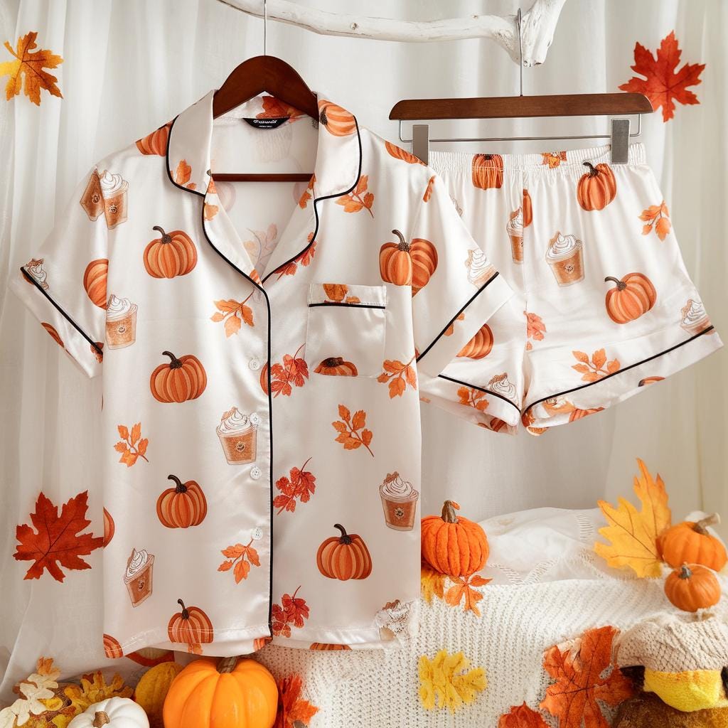 Cozy Fall Aesthetic Satin Pajamas Set, Autumn Pajamas, Fall Pajamas, Pumpkin Pajamas, Pumpkin Latte Pajamas, Halloween Pjs, Cozy Season Pjs