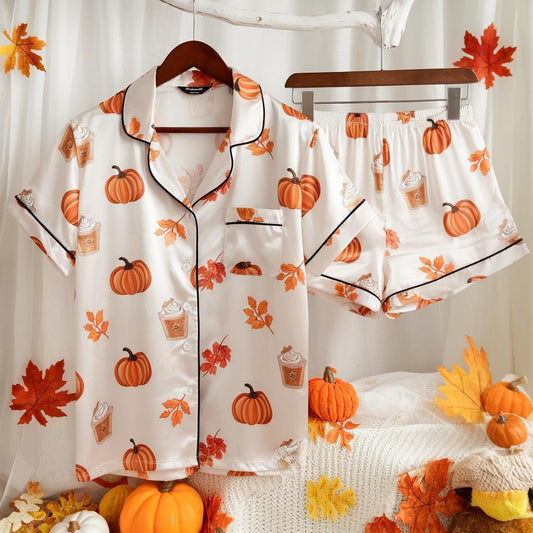 Cozy Fall Aesthetic Satin Pajamas Set, Autumn Pajamas, Fall Pajamas, Pumpkin Pajamas, Pumpkin Latte Pajamas, Halloween Pjs, Cozy Season Pjs