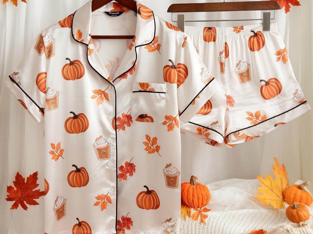 Cozy Fall Aesthetic Satin Pajamas Set, Autumn Pajamas, Fall Pajamas, Pumpkin Pajamas, Pumpkin Latte Pajamas, Halloween Pjs, Cozy Season Pjs