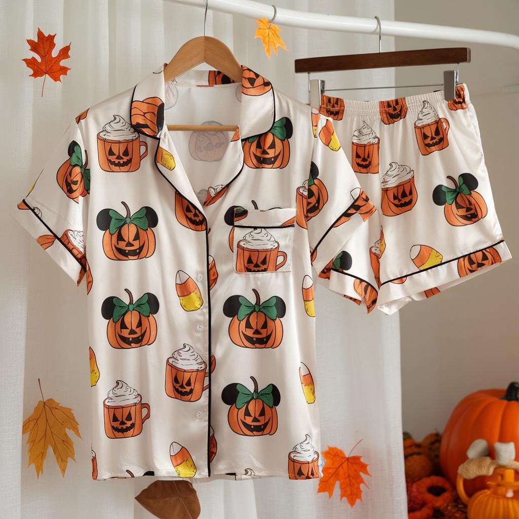 Autumn Mickey Pumpkin Cherry Pajamas Set, Autumn Pajamas, Cozy Fall Pajamas, Pumpkin Pjs, Family Pajamas, Cute Fall Bow Pjs, Cozy Season Pjs