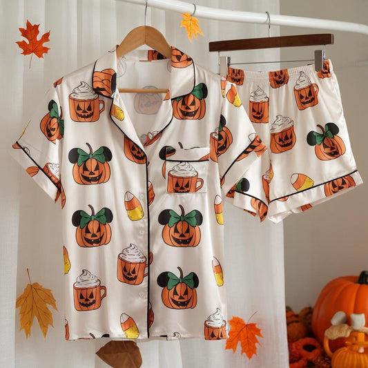 Autumn Mickey Pumpkin Cherry Pajamas Set, Autumn Pajamas, Cozy Fall Pajamas, Pumpkin Pjs, Family Pajamas, Cute Fall Bow Pjs, Cozy Season Pjs