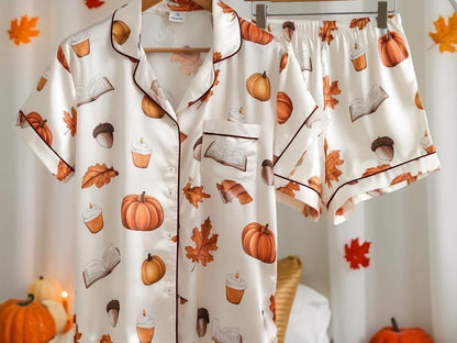 Cozy Fall Aesthetic Satin Pajamas Set, Autumn Pajamas, Fall Pajamas, Pumpkin Pajamas, Fall Book Lovers Pyjamas, Halloween Pjs, Cozy Season