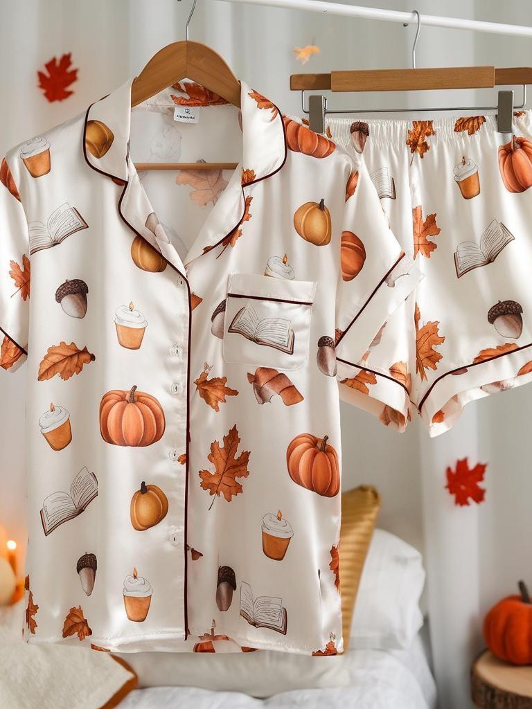 Cozy Fall Aesthetic Satin Pajamas Set, Autumn Pajamas, Fall Pajamas, Pumpkin Pajamas, Fall Book Lovers Pyjamas, Halloween Pjs, Cozy Season