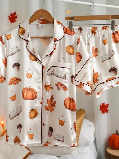 Cozy Fall Aesthetic Satin Pajamas Set, Autumn Pajamas, Fall Pajamas, Pumpkin Pajamas, Fall Book Lovers Pyjamas, Halloween Pjs, Cozy Season