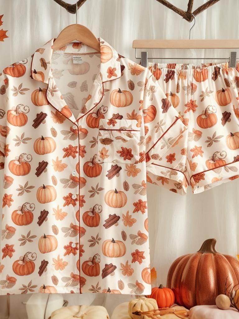 Cozy Fall Aesthetic Satin Pajamas Set, Autumn Pajamas, Fall Pajamas, Pumpkin Pajamas,Pumpkin Spice Pajamas, Halloween Pjs, Cozy Season Pjs