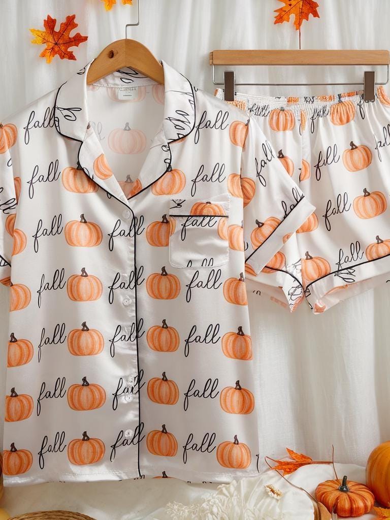 Cozy Fall Aesthetic Satin Pajamas Set, Boho Autumn Pajamas, Fall Pumpkin Pajamas, Pumpkin Pajamas, Halloween Pajamas, Cozy Season Pajamas