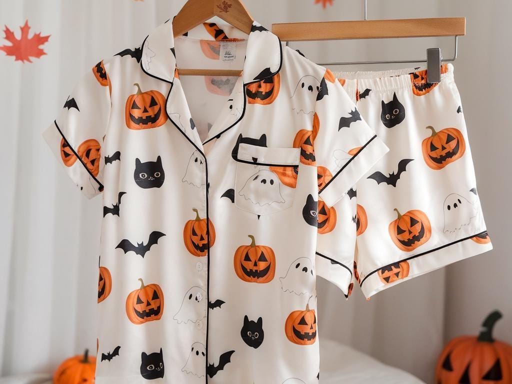 Cute Ghost Black Cat Satin Pajamas Set, Ghost Pajamas, Ghost Pumpkin Pjs, Black Cat Pajamas, Halloween Pajamas, Spooky Season, Halloween Pjs