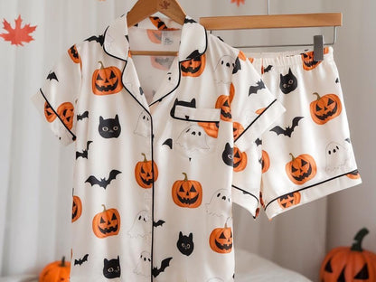 Cute Ghost Black Cat Satin Pajamas Set, Ghost Pajamas, Ghost Pumpkin Pjs, Black Cat Pajamas, Halloween Pajamas, Spooky Season, Halloween Pjs