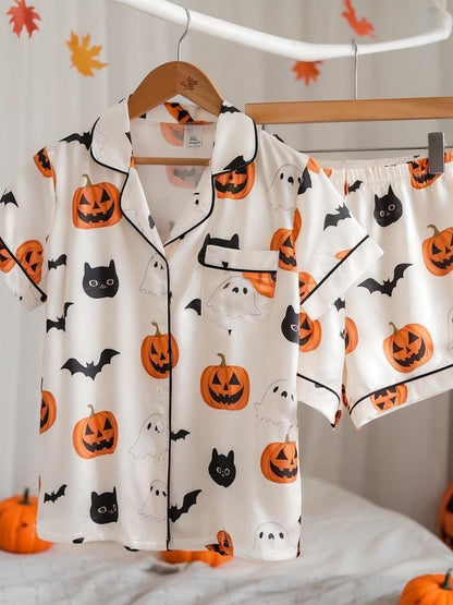 Cute Ghost Black Cat Satin Pajamas Set, Ghost Pajamas, Ghost Pumpkin Pjs, Black Cat Pajamas, Halloween Pajamas, Spooky Season, Halloween Pjs