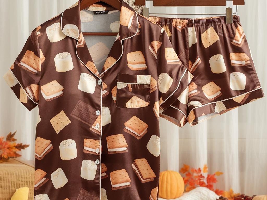 Cute S’mores Satin Pajamas Set, Autumn Pajamas, Cozy Fall Pajamas, Chocolate Pajamas, Fall Snack Pyjamas, Halloween Pjs, Cozy Season Pajamas