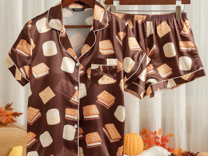 Cute S’mores Satin Pajamas Set, Autumn Pajamas, Cozy Fall Pajamas, Chocolate Pajamas, Fall Snack Pyjamas, Halloween Pjs, Cozy Season Pajamas
