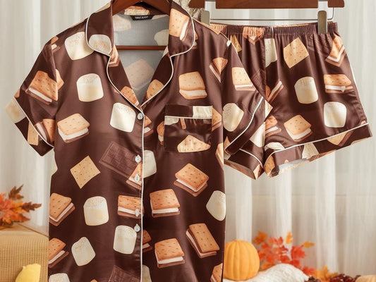 Cute S’mores Satin Pajamas Set, Autumn Pajamas, Cozy Fall Pajamas, Chocolate Pajamas, Fall Snack Pyjamas, Halloween Pjs, Cozy Season Pajamas