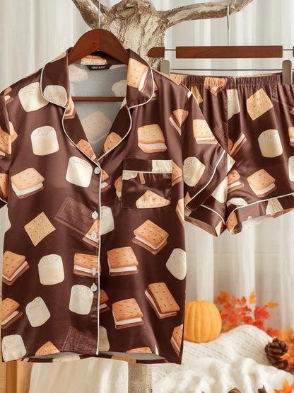 Cute S’mores Satin Pajamas Set, Autumn Pajamas, Cozy Fall Pajamas, Chocolate Pajamas, Fall Snack Pyjamas, Halloween Pjs, Cozy Season Pajamas