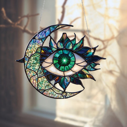 Mystical Moon And Eye Window Hanging With Shimmering Emerald Tones, Artistic Accent For A Unique And Enchanting Space