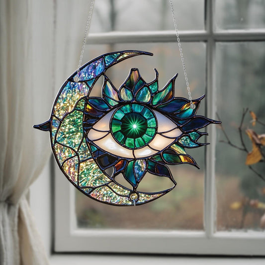 Mystical Moon And Eye Window Hanging With Shimmering Emerald Tones, Artistic Accent For A Unique And Enchanting Space