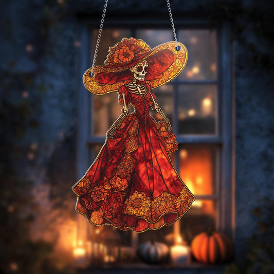 Elegant Day Of The Dead Lady In Red Dress And Wide Hat Window Hanging, Vibrant Décor For A Bold And Artistic Festive Touch