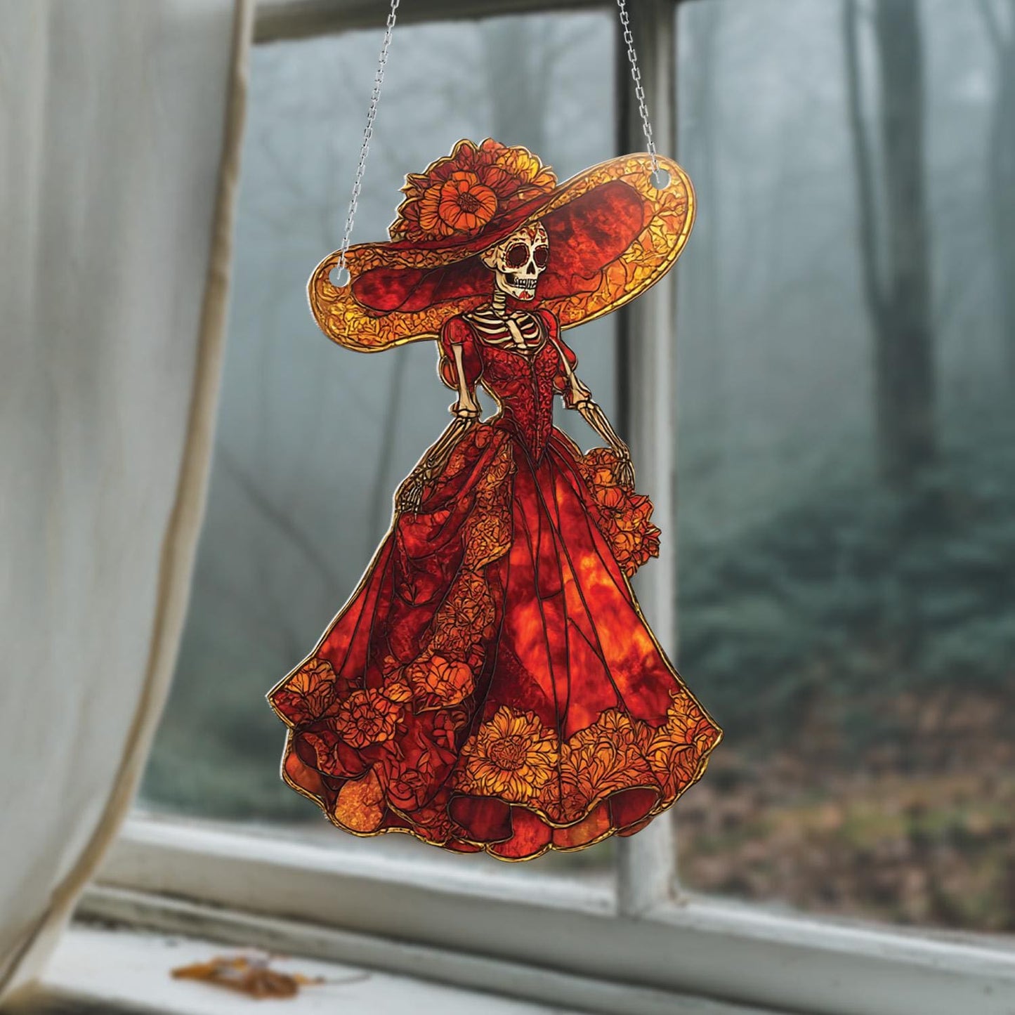 Elegant Day Of The Dead Lady In Red Dress And Wide Hat Window Hanging, Vibrant Décor For A Bold And Artistic Festive Touch