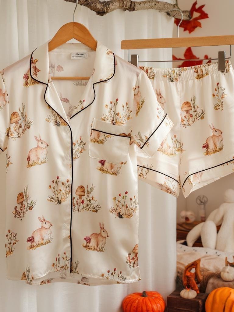 Rabbit and Wild Flowers Satin Pajamas Set, Rabbits Pajamas, Autumn Pajamas, Cozy Fall Aesthetic  Pajamas, Nature Lovers Pjs, Cozy Season Pjs