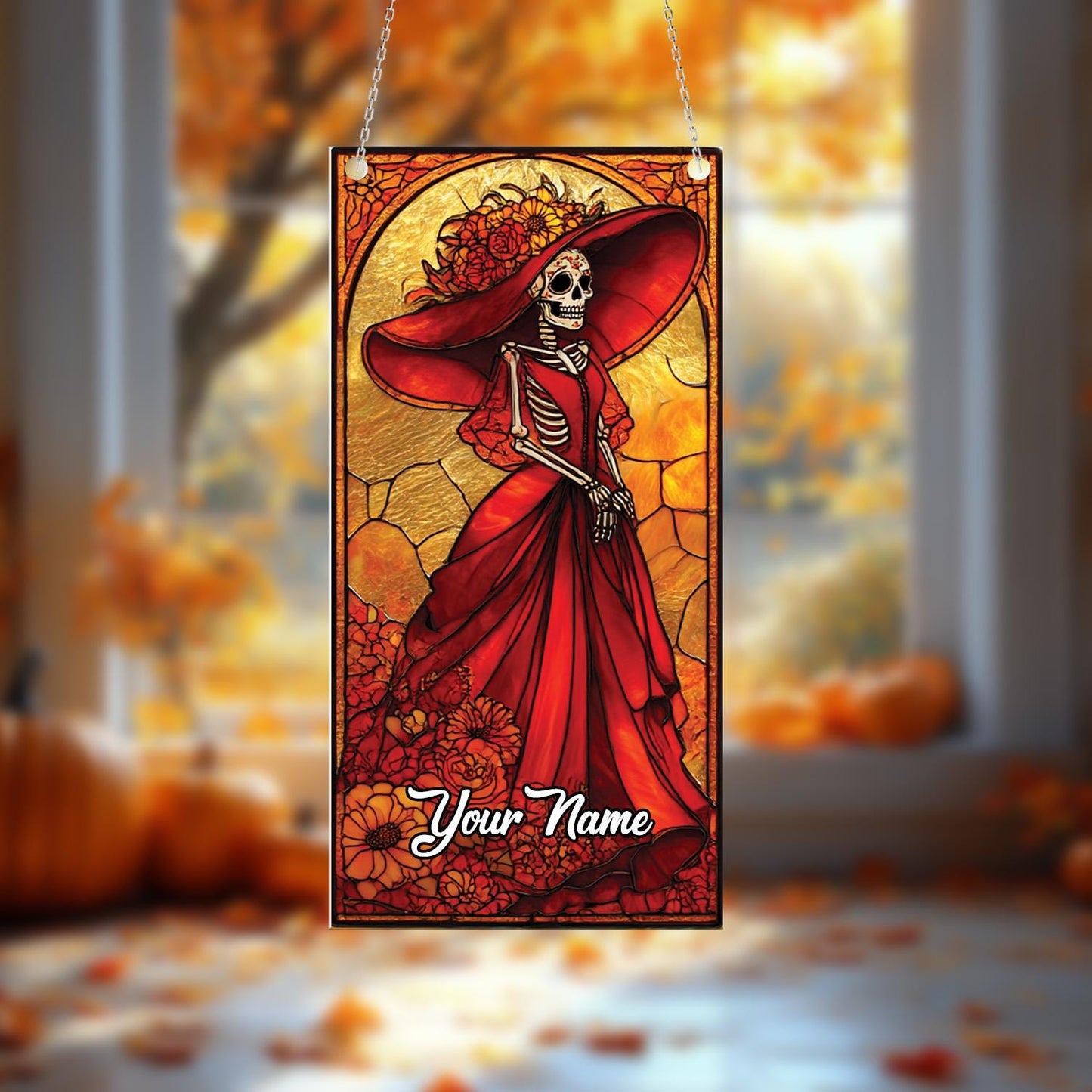 Personalized Day Of The Dead Skeleton Lady In Red Dress Window Hanging, Custom Name Artistic Décor For Festive And Gothic Charm