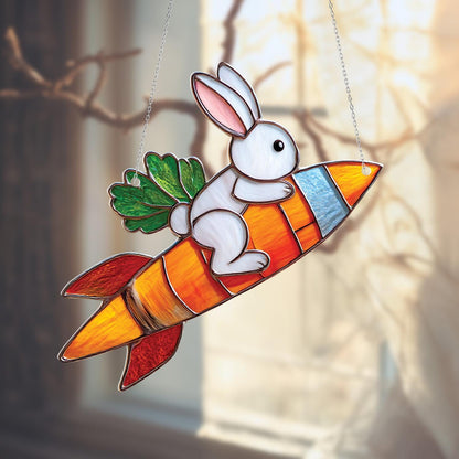 Adorable Bunny Riding Carrot Rocket Window Hanging, Whimsical Springtime Décor For Cute And Playful Home Or Nursery Accent