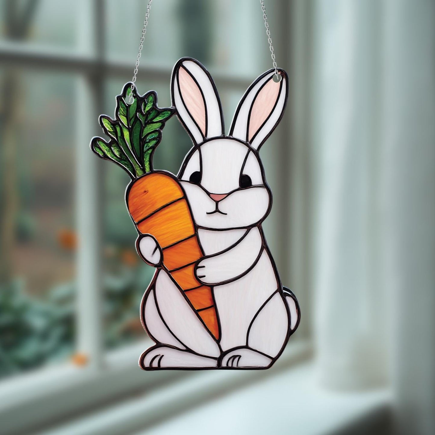 Adorable White Bunny Holding Carrot Window Hanging, Charming Springtime Décor For Playful, Cute, And Whimsical Home Or Nursery Accent