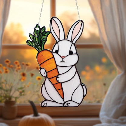 Adorable White Bunny Holding Carrot Window Hanging, Charming Springtime Décor For Playful, Cute, And Whimsical Home Or Nursery Accent