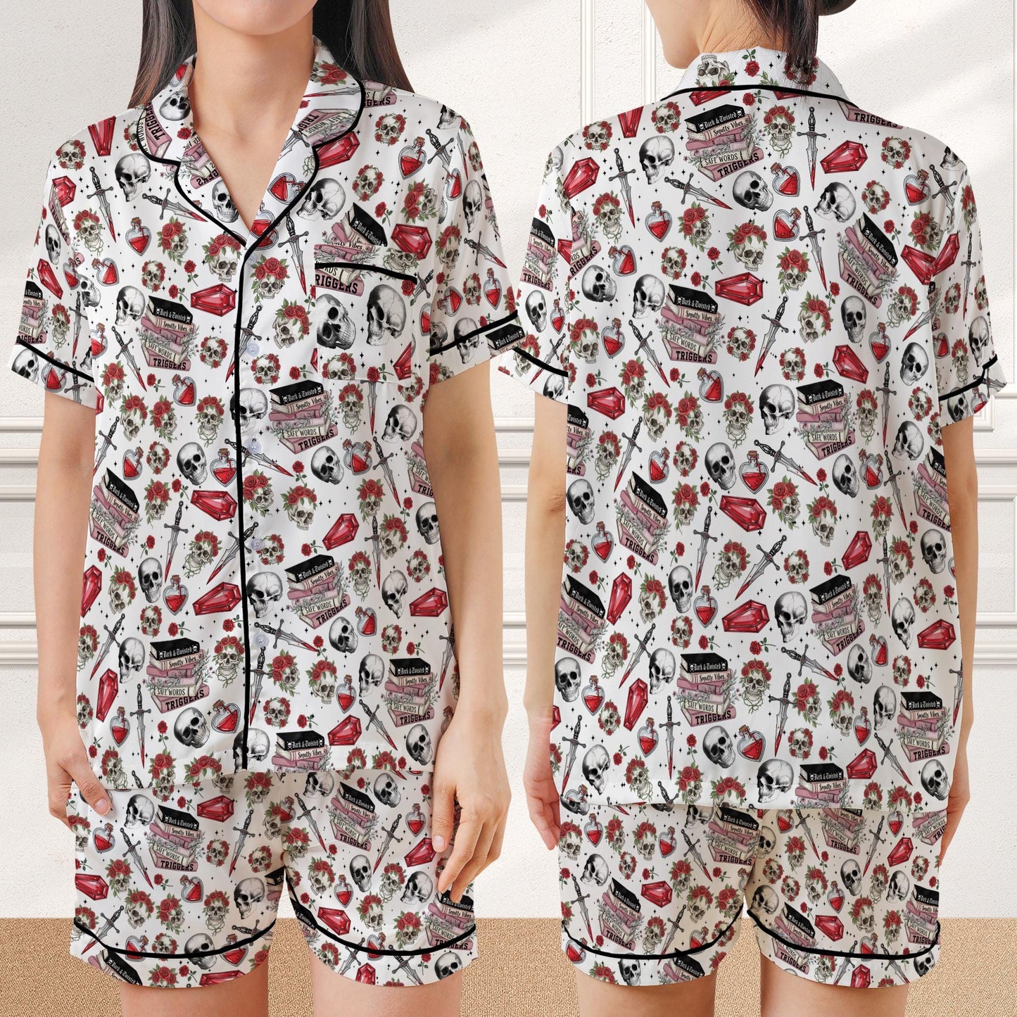 Dark Romance Skeleton Satin Pajamas, Rose Bookish Sleepwear Gift, Reading Lover Dark Fantasy Romance Pajamas Set, Spicy Bookish Gift