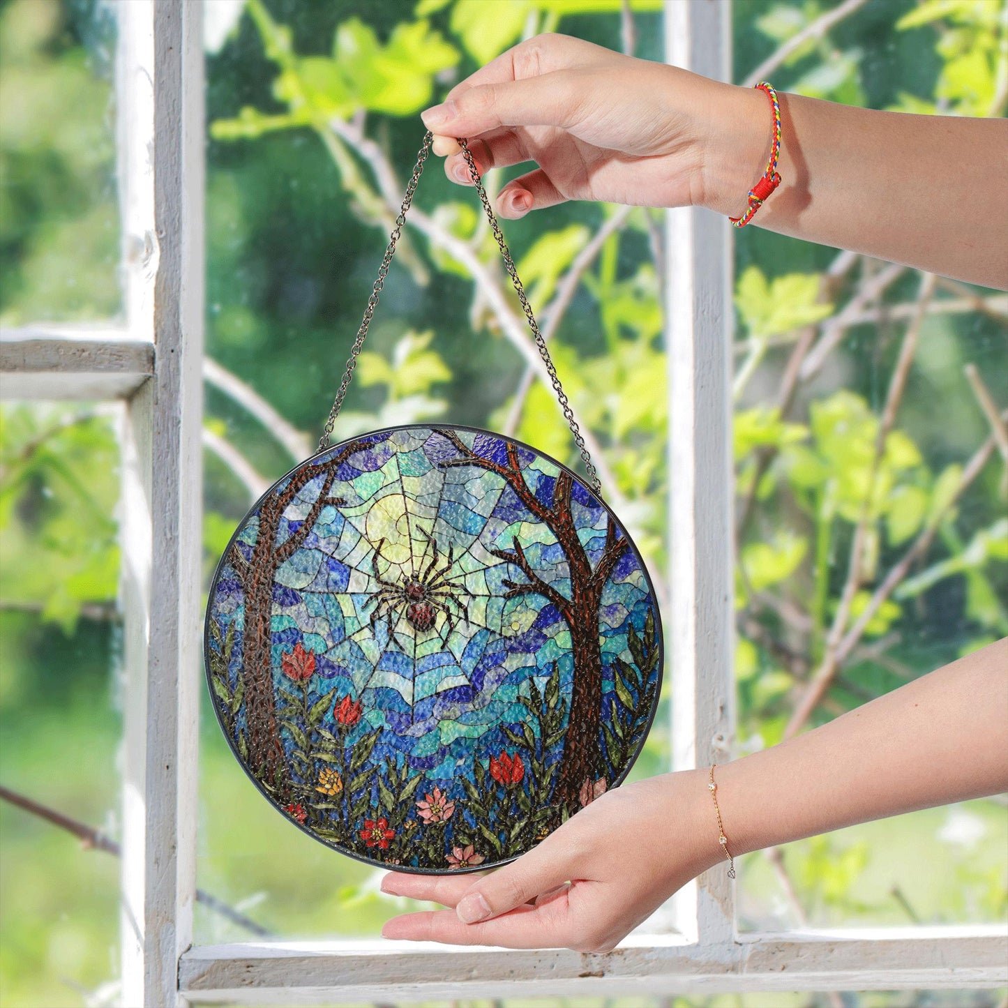 Suncatcher stained glass spider web forest flowers gift for mom Halloween gift
