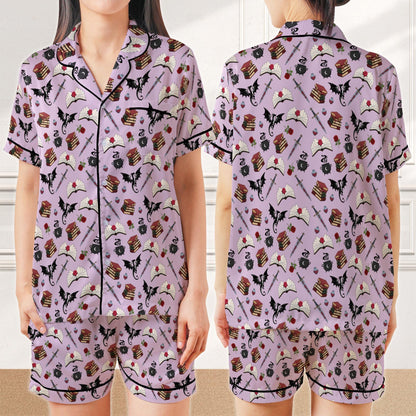 Romantic Fantasy Reader Satin Pajamas, Romantasy Bookish Sleepwear Gift, Reading Lover Fantasy Romance Pajamas Set, Dragon Bookish Gift