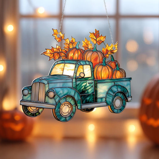 Vintage Blue Truck With Pumpkins Window Hanging, Charming Autumn Harvest Décor For Rustic, Cozy, And Festive Seasonal Home Accent